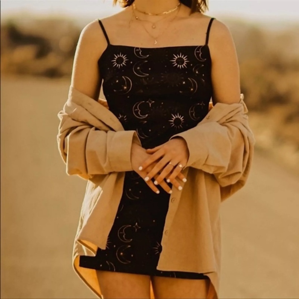 Urban Outfitters ✨ Black Celestial Moon Stars and Sun Mini Dress, Size Large - Picture 2 of 8
